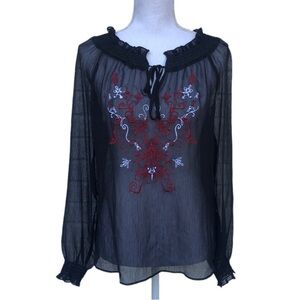 Boho sheer peasant floral embroider blouse M